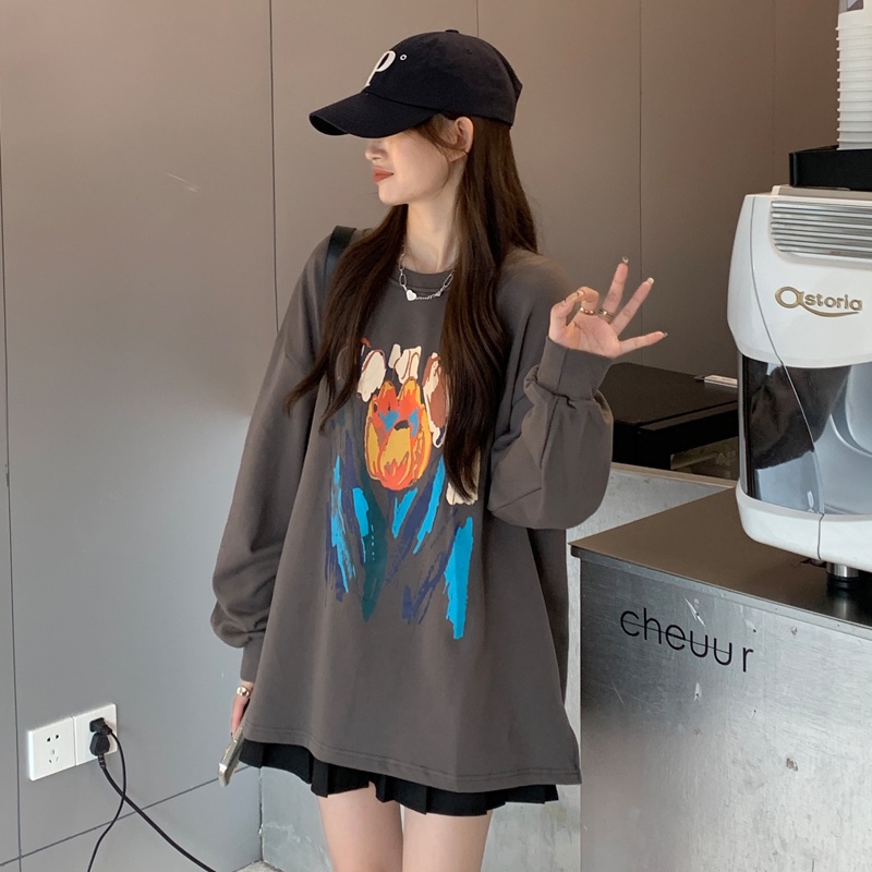 Áo sweater tay dài dáng rộng in họa tiết cá tính phong cách Hàn Quốc thời trang dành cho nữ