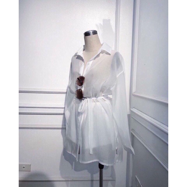 Set áo sơmi voan dáng dài kết hợp quần kaki trắng trơn có ảnh thật