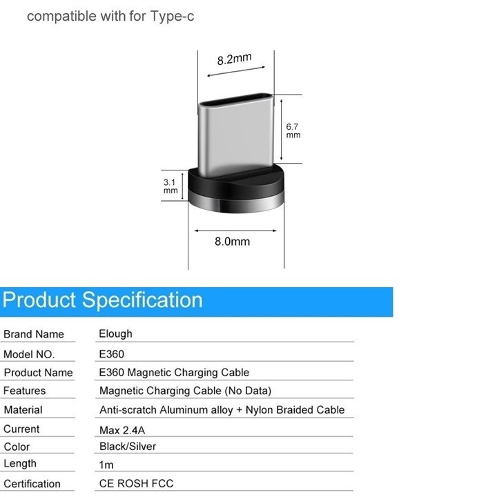 Cáp Sạc Hít Nam Châm 2.4A Model E360 Chui Sạc Type-C Hàng Elough Chính Hãng Phân Phối