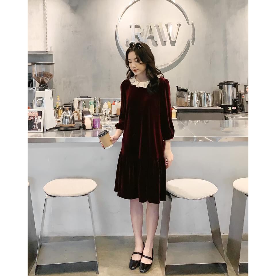 Váy suông phối cổ nữ dáng dài Eva Design chất liệu nhung cao cấp kiểu hàn quốc siêu đẹp , siêu xinh