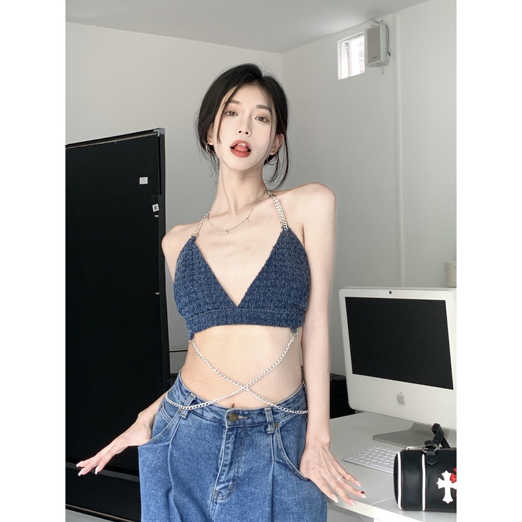 QKOOLE Áo tank top Cổ Chữ V Phối Dây Xích Phong Cách Thời Trang Hàn Quốc Dành Cho Nữ