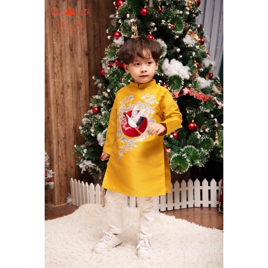 Áo dài bé trai thêu vân hạc 3 màu đỏ xanh vàng áo dài tết cho bé trai mặc đi chơi đi chụp ảnh lễ tết