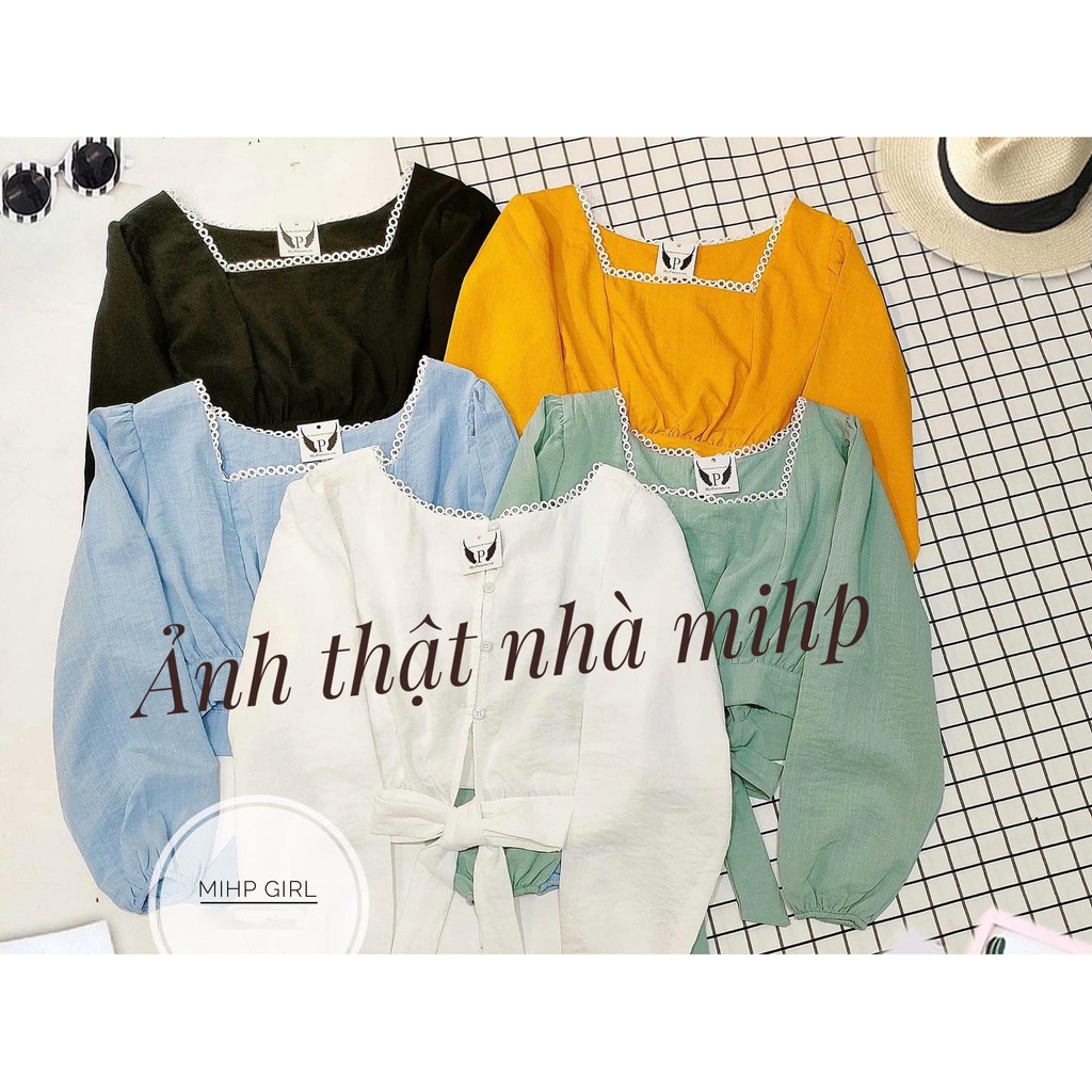 Áo Croptop Nữ Thắt Nơ Lưng Phối Ren Tay Dài.