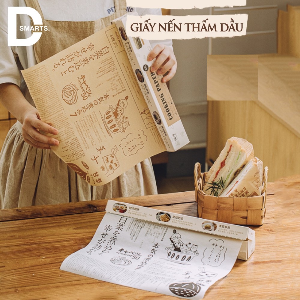 Cuộn GIẤY BÁO HÓA TIẾT thấm dầu, giấy nến gói bánh, lót nồi chiên không dầu có họa tiết vintage - hộp HỒNG