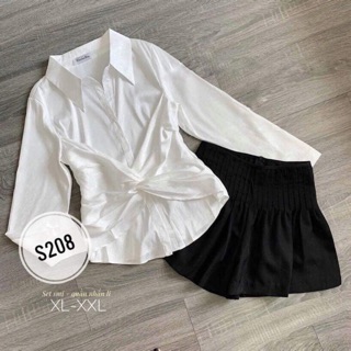 Set Bigsize Sơ mi phi xoắn eo + quần phồng nhấn li