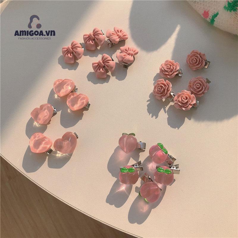 ✨✨Kẹp Tóc Hình Nơ Họa Tiết Trái Tim/Quả Đào Xinh Xắn Cho Bé Gái