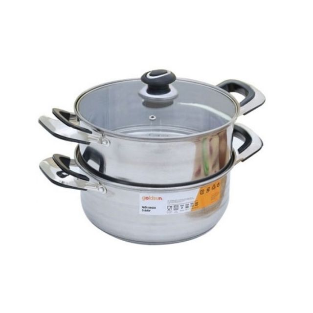 Bộ nồi xửng hấp inox 3 đáy vung kính Goldsun.
