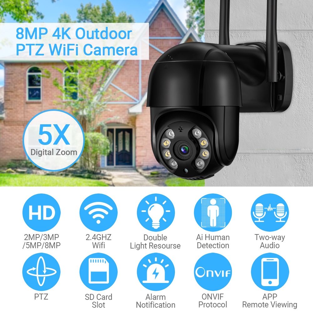 Camera an ninh HAMROL 8MP PTZ wifi IP 5MP thu phóng 5X màu đen có tầm nhìn ban đêm tiện lợi
