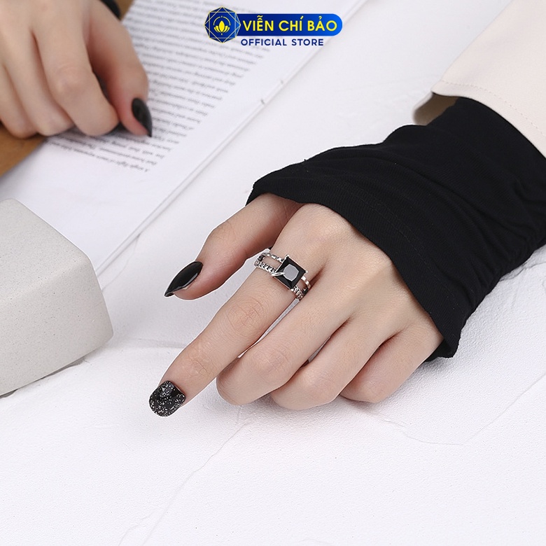 Nhẫn bạc nữ đá đen vuông chất liệu bạc Thái 925 thời trang phụ kiện trang sức nữ Viễn Chí Bảo N000012
