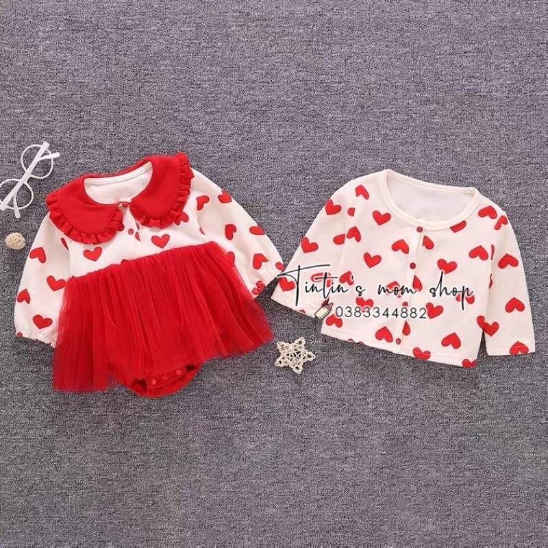 Set váy công chúa tim đỏ kèm áo khoác tim cho bé gái 3-24M