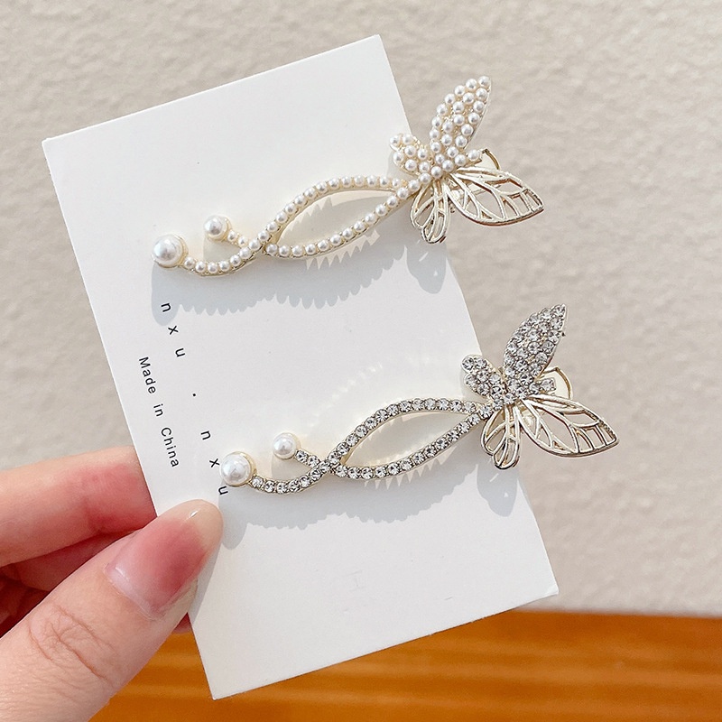 Haimeikang Kẹp tóc hình bướm đính kim cương nhân tạo và ngọc trai phong cách Hàn Quốc mới