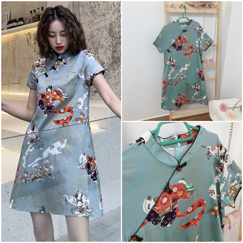 Đầm hoa sườn xám họa tiết trendy