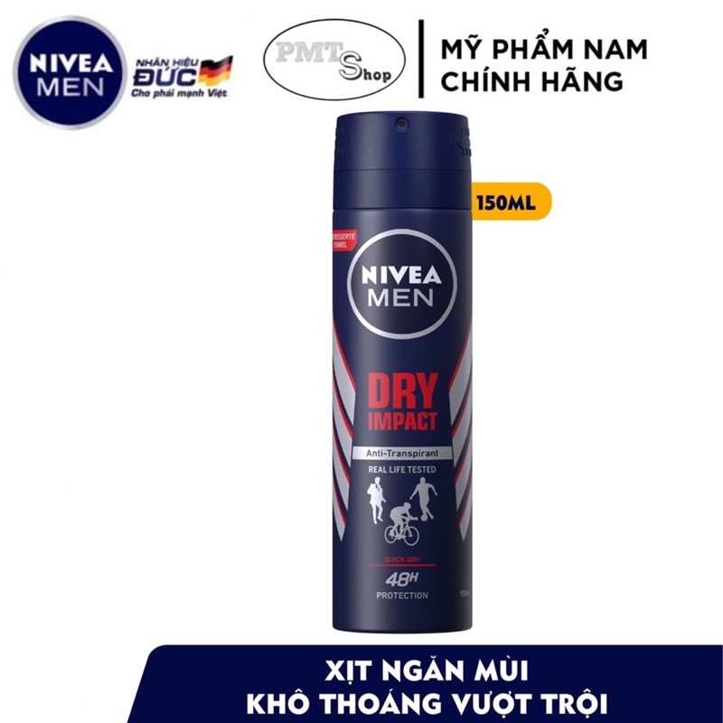 Xịt khử mùi nam Nivea men 150ml - Silver Protect, Dry Impact, Invisible, Deep, Cool Powder, Cool Kick, Amazon, Espresso