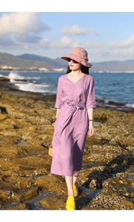 Váy tím linen mát lạnh [ đầm linen + cổ tim]