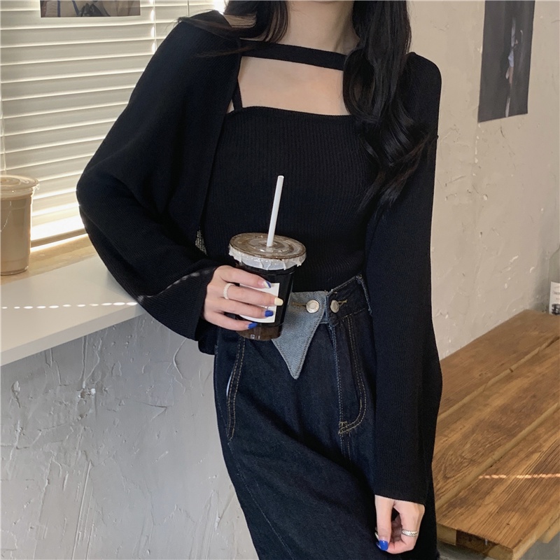 Set Áo Khoác Cardigan Dài Tay Form Rộng Và Áo Hai Dây Thiết Kế Mới Thời Trang Mùa Thu Dành Cho Nữ