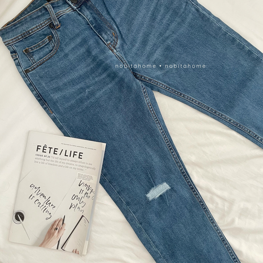 NOBITA HOME - SLIM FIT JEANS AJ RÁCH 1 GỐI XANH ĐẬM