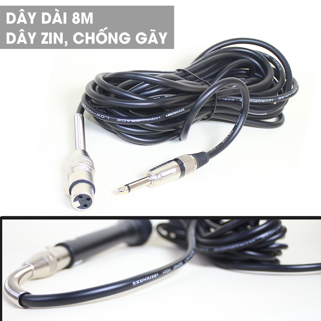 Micro karaoke có dây chính hãng Sunrise SM-959 hát nhẹ, thu âm hay mic kèm dây zin dài 8m chống gãy chất lượng nhôm bền