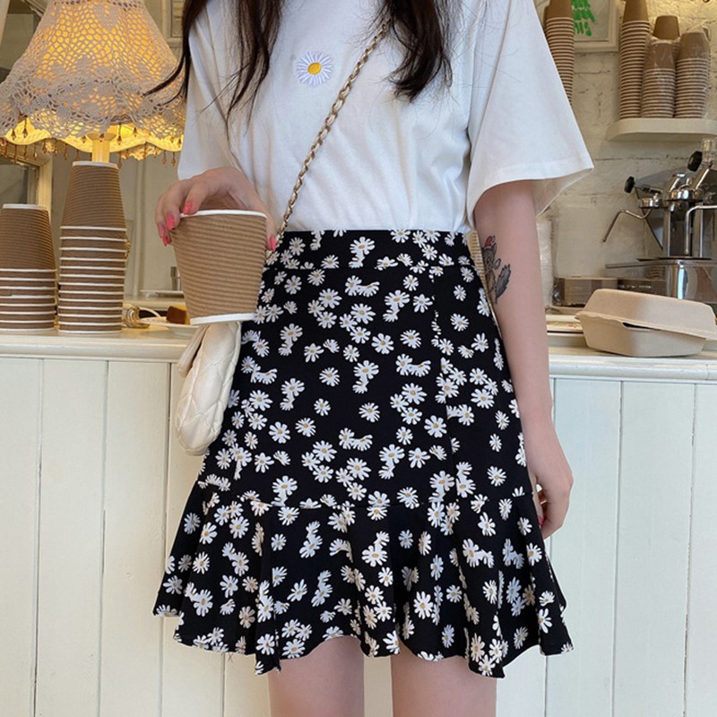 [Baywellfashion]Women Daisy Print Skirts Floral High Waist Skirt