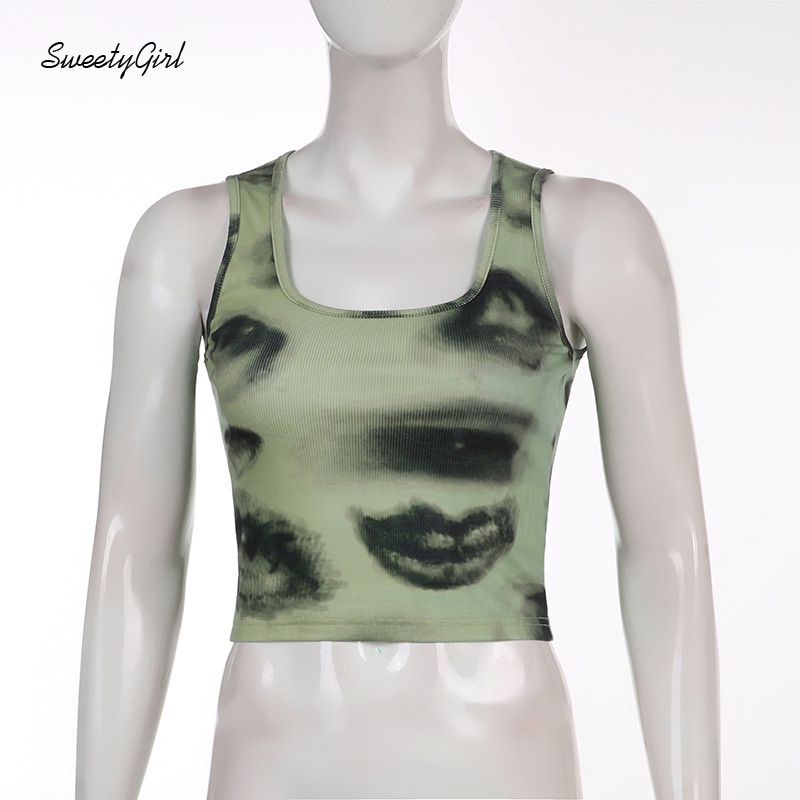 Áo Tank Top Cổ Vuông Dáng Ôm In Họa Tiết Hoạt Hình Xinh Xắn Cho Nữ