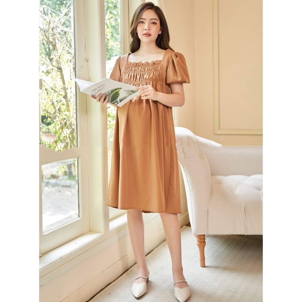 Đầm bầu ngắn tay rúm ngực M322 vải cát hàn thời trang thiết kế xinh xắn Mom and Baby