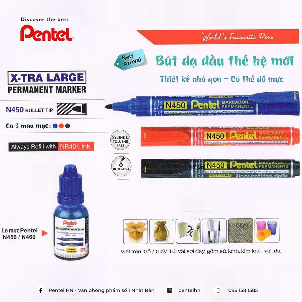 Bút Dạ Dầu Pentel N450 | Thiết Kế Xoay Có Thể Thay Mực | Viết Được Trên Mọi Chất Liệu