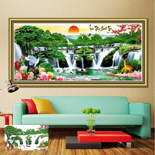 Tranh thêu chữ thập Phong cảnh lưu thủy sinh tài 3D KT:160x75cm- 200x90cm