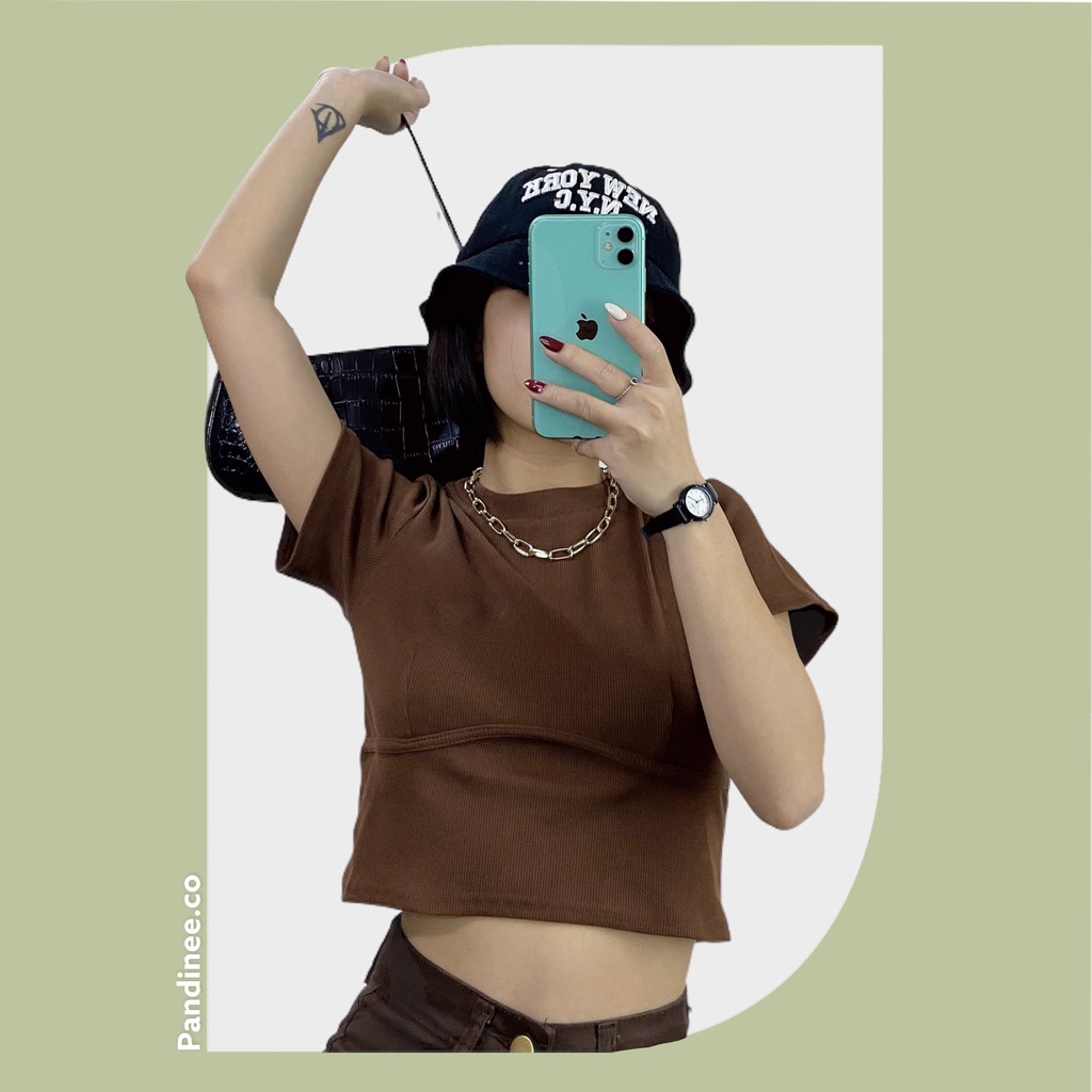 Áo croptop nữ tay ngắn màu trơn cổ tròn viền ngực chất len tăm dày dặn 3 màu Signature Pandinee A13