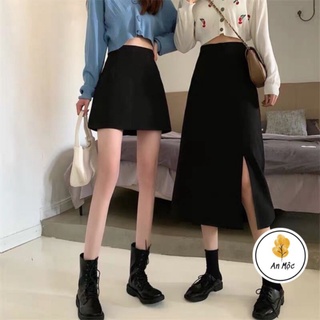 [AN MỘC] Chân váy A dáng dài/ ngắn xẻ tà màu đen cá tính cho nữ