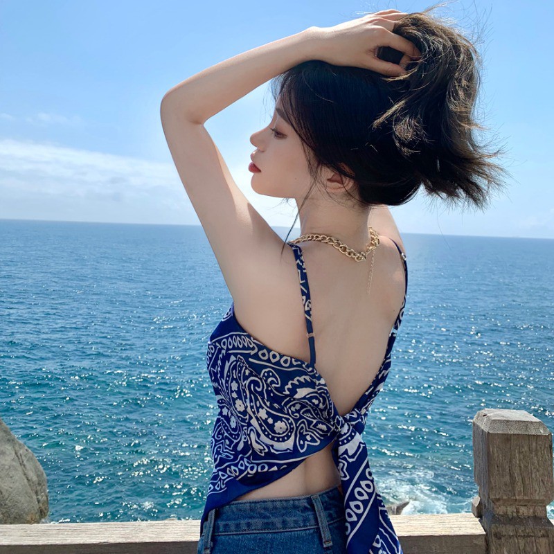 [SẴN] Áo yếm lụa họa tiết buộc nơ lưng siêu xinh đi biển du lịch hè 2021