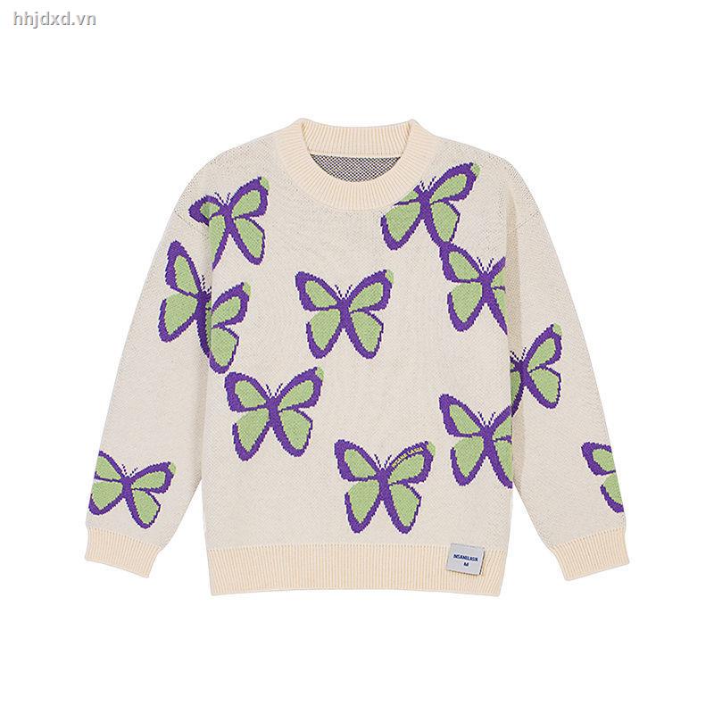 Áo sweater dệt kim 21AW dáng rộng in họa tiết bướm hoạt hình phong cách retro cho nữ | BigBuy360 - bigbuy360.vn