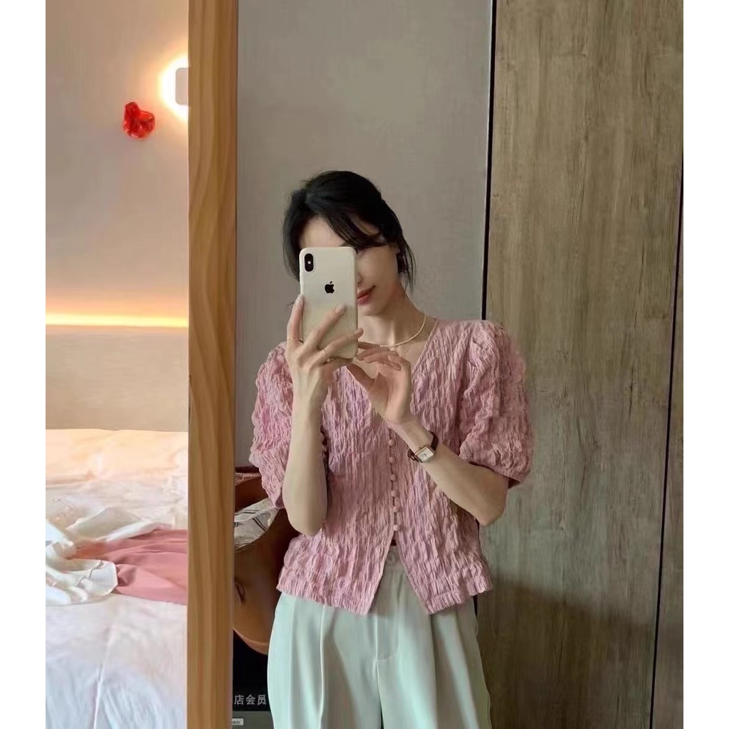 Áo Kiểu Tay Phồng Xếp Ly Phối Nút Thời Trang Hàn Quốc 2022 Cho Nữ