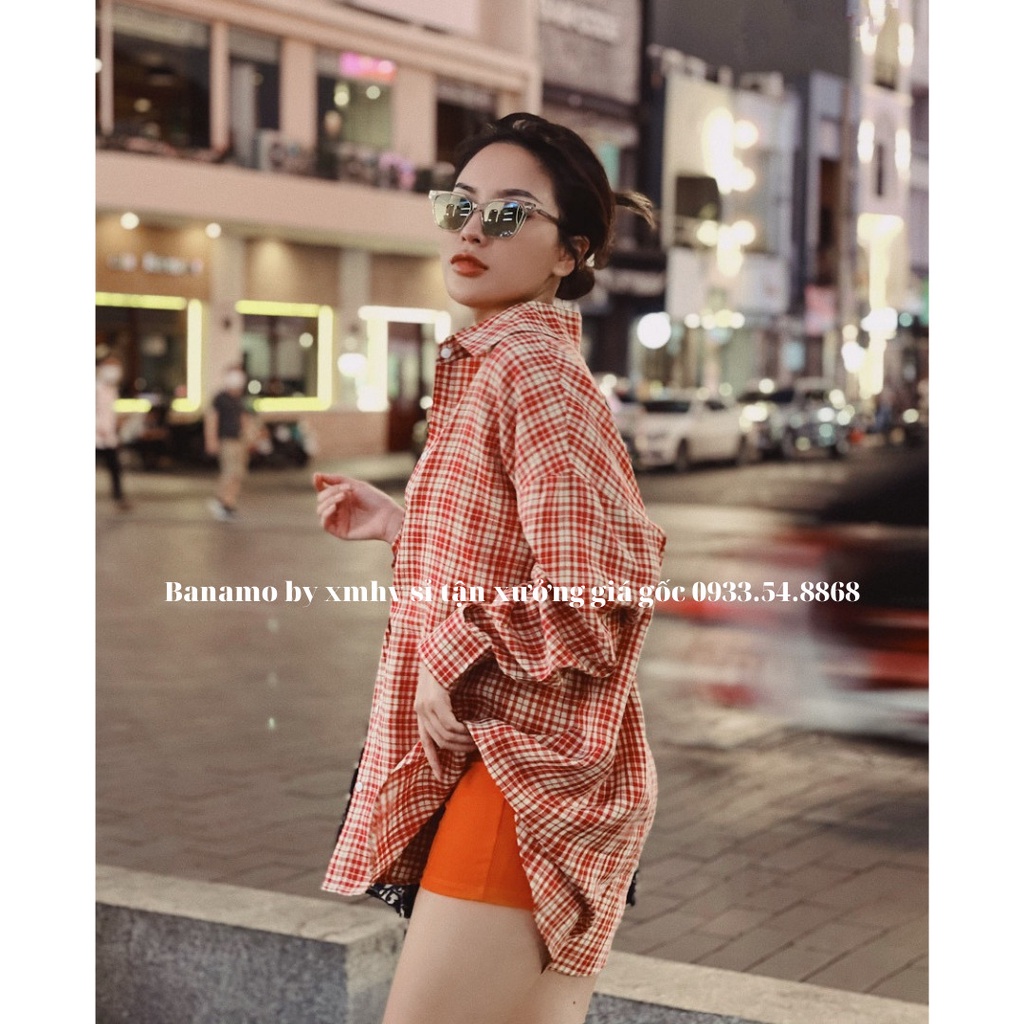 Áo sơ mi nữ kẻ caro dáng rộng vạt đuôi tôm thời trang Banamo fashion sơ mi kẻ 2 màu 3921
