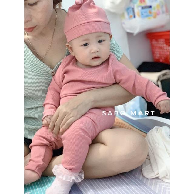 Bộ Thu Đông Dài Tay Thun Gân Tăm Kèm Mũ Củ Tỏi Siêu Cute Cho Bé Trai Bé Gái