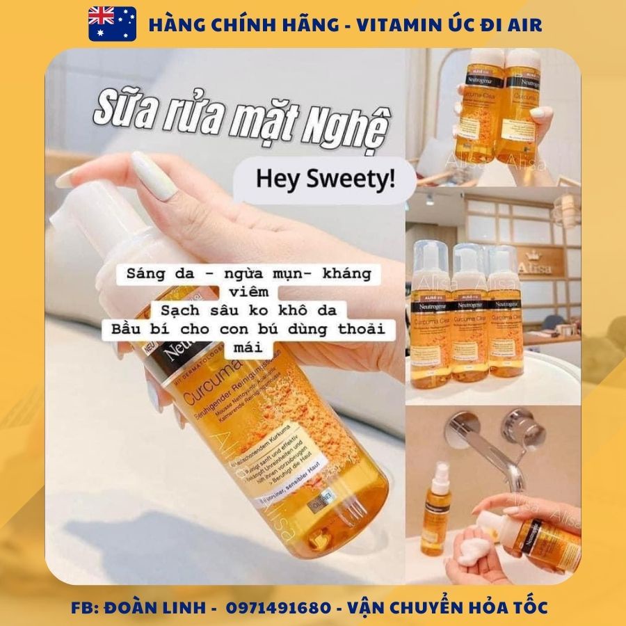 Sữa rửa mặt tạo bọt Neutrogena Nghệ Calme Curcuma  150ML, Hàng Chuẩn úc đi air, sữa rửa mặt nghệ neutroge