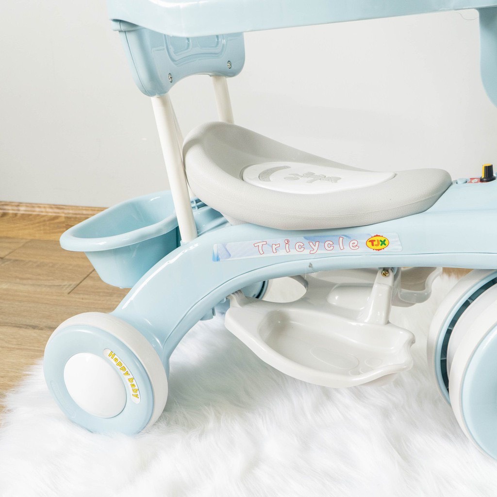 Xe đạp 3 bánh 618, xe đẩy du lịch kiêm xe chòi chân cho bé, có cần đẩy phát nhạc và khung bảo vệ bé