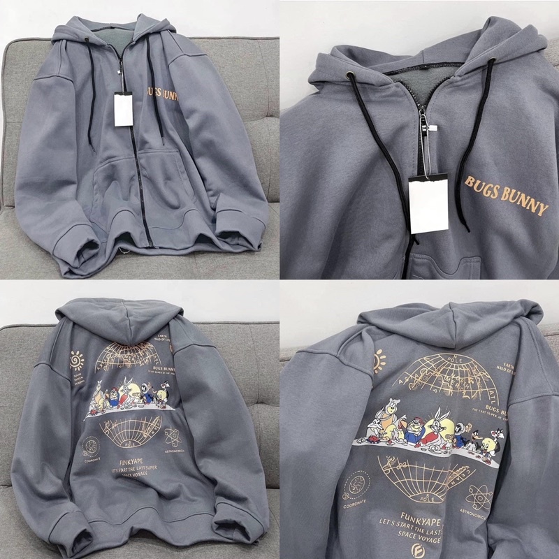 [Mã SKAMFSW175 giảm 10K đơn 50K] [ sẵn ] Áo Khoác Form Rộng Dây Kéo XÁM BUGS BUNNY Ulzzang Unisex
