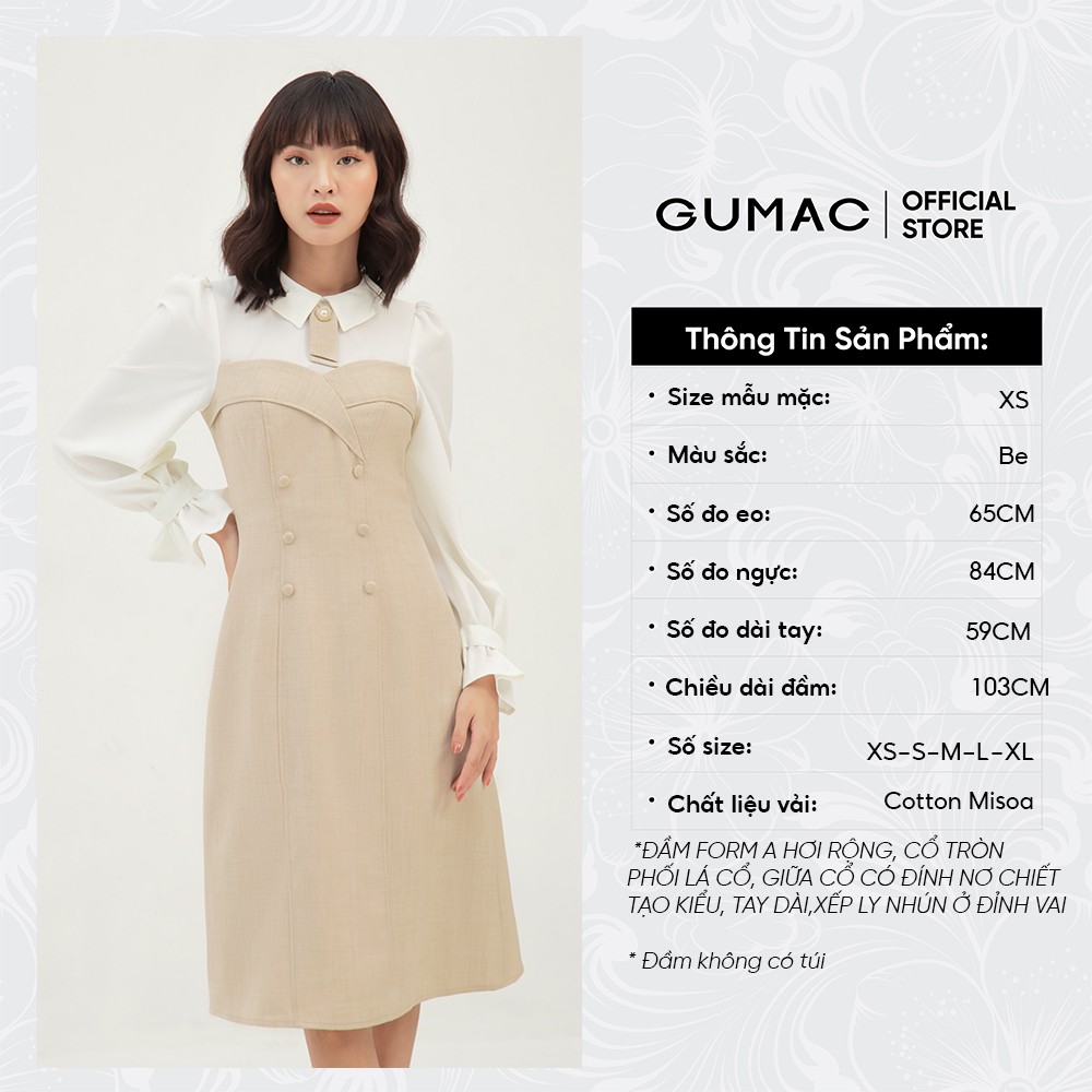 [Mã MABR07062 giảm 8% tối đa 50K đơn từ 249K] Đầm nữ ôm tay dài phối nút GUMAC màu be, đủ size, DB3108 | BigBuy360 - bigbuy360.vn