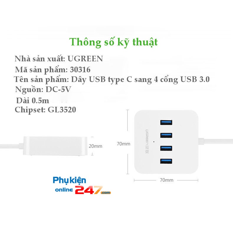 Bộ chia cổng USB type C ra 4 cổng USB 3.0