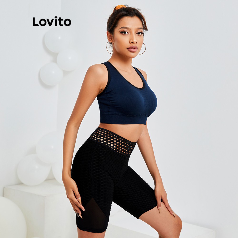 Áo ngực thể thao Lovito màu trơn ôm dáng độ co giãn cao thiết kế hở lưng chéo dây L13X091 (Màu xanh biển)