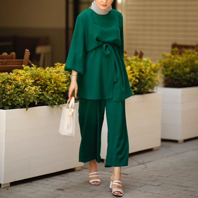 Bộ Trang Phục 2 Mảnh Gồm Áo Tay Dài Và Quần ống rộng Màu Sắc Trơn Cho Phụ Nữ Hồi Giáo