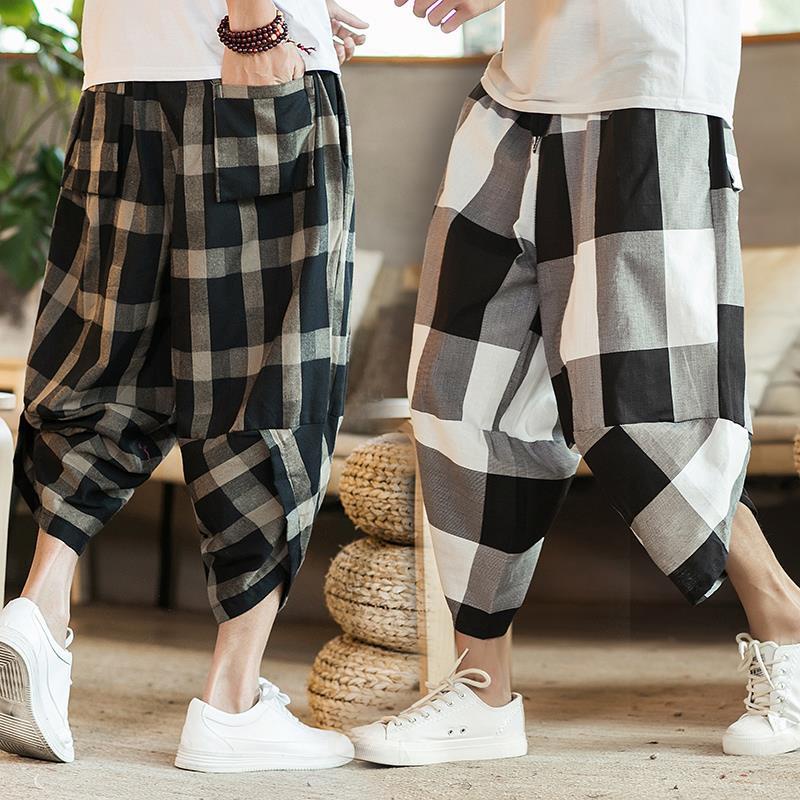 Quần Dài Vải Lanh Ống Rộng Họa Tiết Sọc Caro Phối Dây Rút Thời Trang Cho Nam