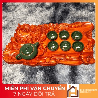 Khay/bàn trà để ấm chén gỗ tự nhiên Nguyên Khối gỗ hương- Cá chép - Kích thước 50x30x4cm