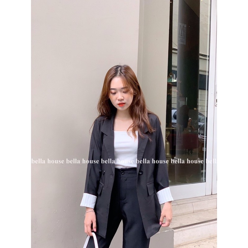 Áo blazer đen tay phối kẻ & quần baggy | BigBuy360 - bigbuy360.vn