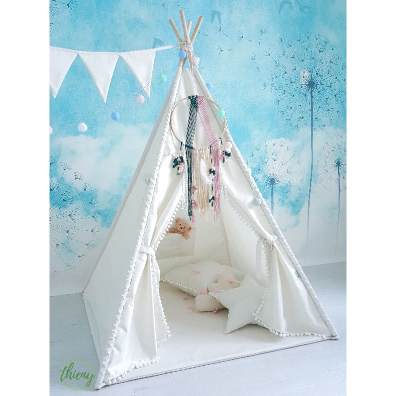 Gối trăng sao mây vuông trắng đã nhồi bông 40x40cm. fullset hoặc lẻ Vải cotton 100% gối trang trí pompom