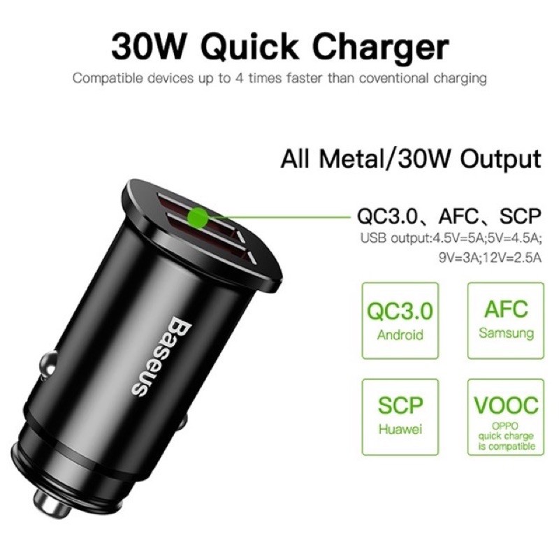 Bộ tẩu sạc nhanh đa năng dùng cho xe hơi Baseus Square Metal Type C + USB PPS Car (30W, PD/QC4.0/SCP/AFC, Quick Charger)