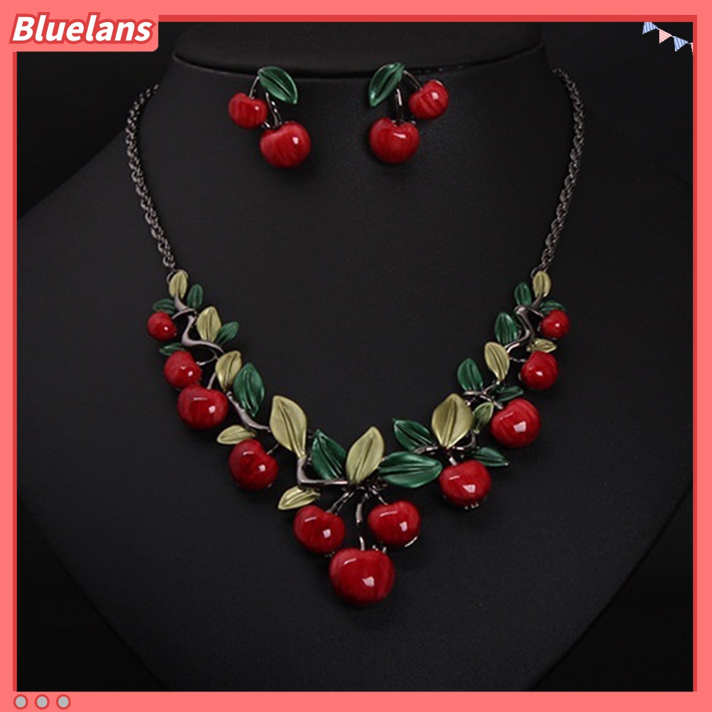 Bluelans♡ 1 Set Vòng cổ Và Bông Tai Hình Trái Cherry Đỏ Phong Cách Cổ Điển