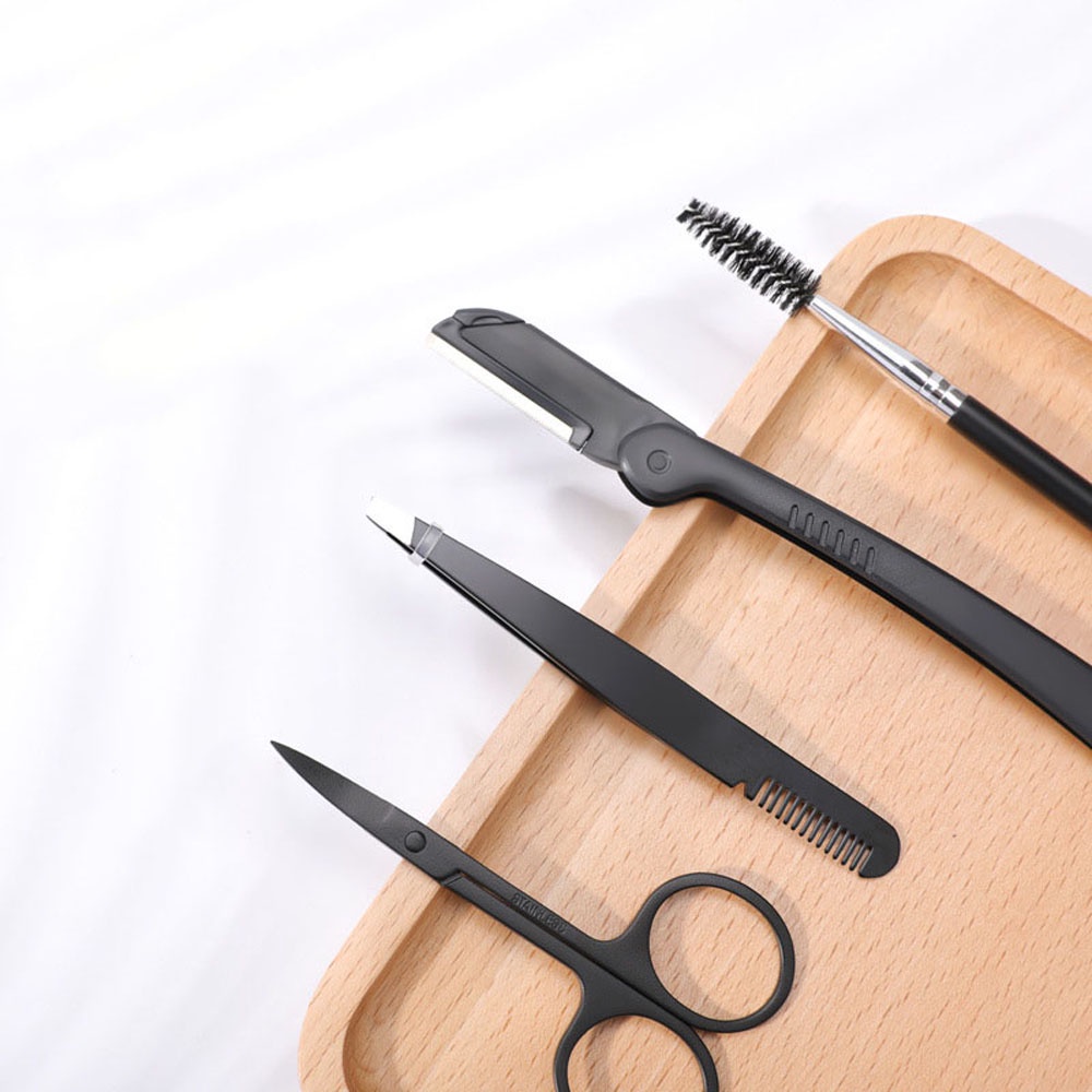 [Hàng mới về] Bộ 4 dụng cụ tỉa lông mày bằng thép không gỉ có đầu lược + kéo + dao cạo + lược chải lông mày chuyên nghiệp Norman