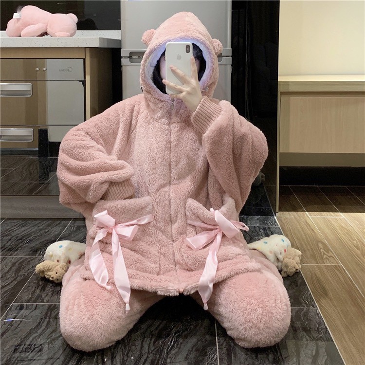 Bộ ngủ lông gấu giữ nhiệt mùa đông túi thắt nơ dễ thương,bộ đồ mặc nhà nhung bông mềm mịn 2 màu hồng tím_ TONGKHOQUANAON | BigBuy360 - bigbuy360.vn