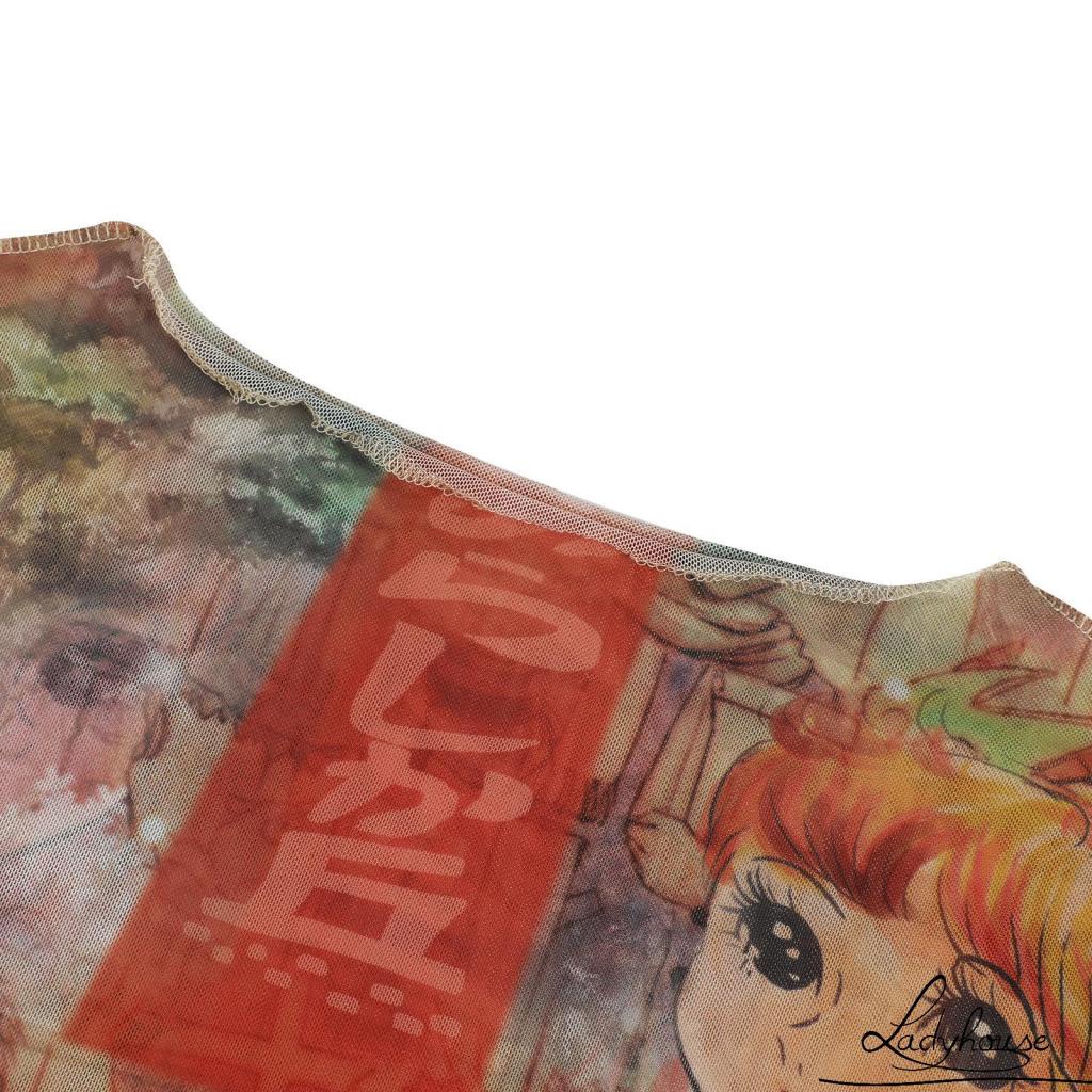 Áo croptop tay dài cổ tròn dáng ôm in họa tiết hoạt hình thời trang cho nữ