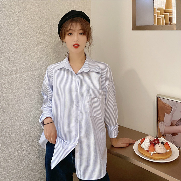 Áo sơ mi SUXI tay dài dáng rộng họa tiết kẻ sọc phối túi phong cách đơn giản thời trang dành cho nữ